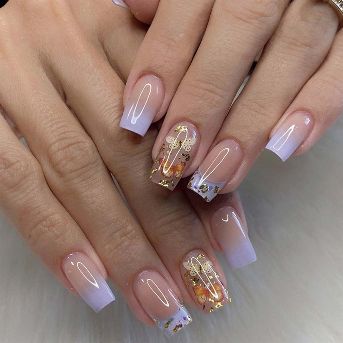 Butterfly Press on Nails Medium Square Fake Nails Purple French Tip False Nails with Design Gold Foil Glue on Nails Acrylic Full Cover Stick on Nails Artificial Nails for Women Girls Manicure 24Pcs