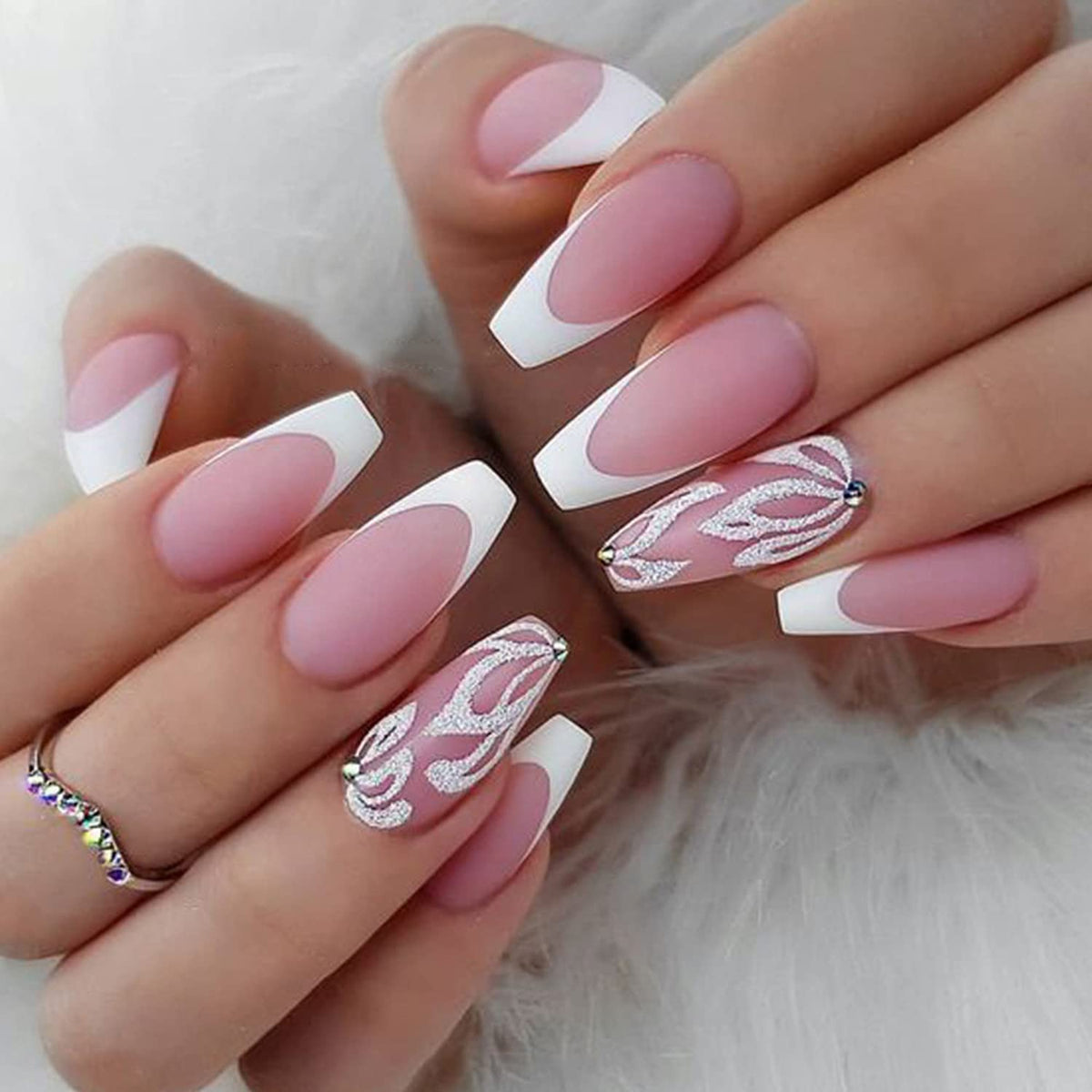 French Tip Press on Nails Long Fake Nails with White Flower Designs Glossy Pink Glue on Nails Full Cover Long Acrylic Nails Long False Nails with Rhinestones for Women and Girls 24 Pcs