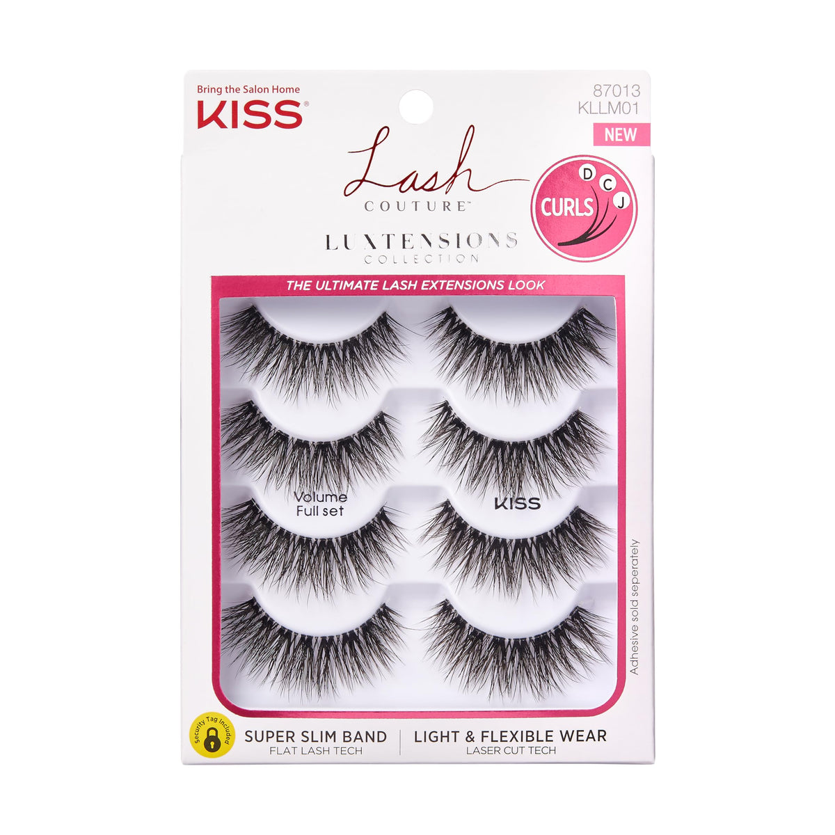 KISS Lash Couture LuXtensions Collection False Eyelashes Multipack Flat Lash Technology Super Slim Lash Band Real Lash Extension Fibers Reusable Strip Lashes Volume Full Set 4 Pairs Black