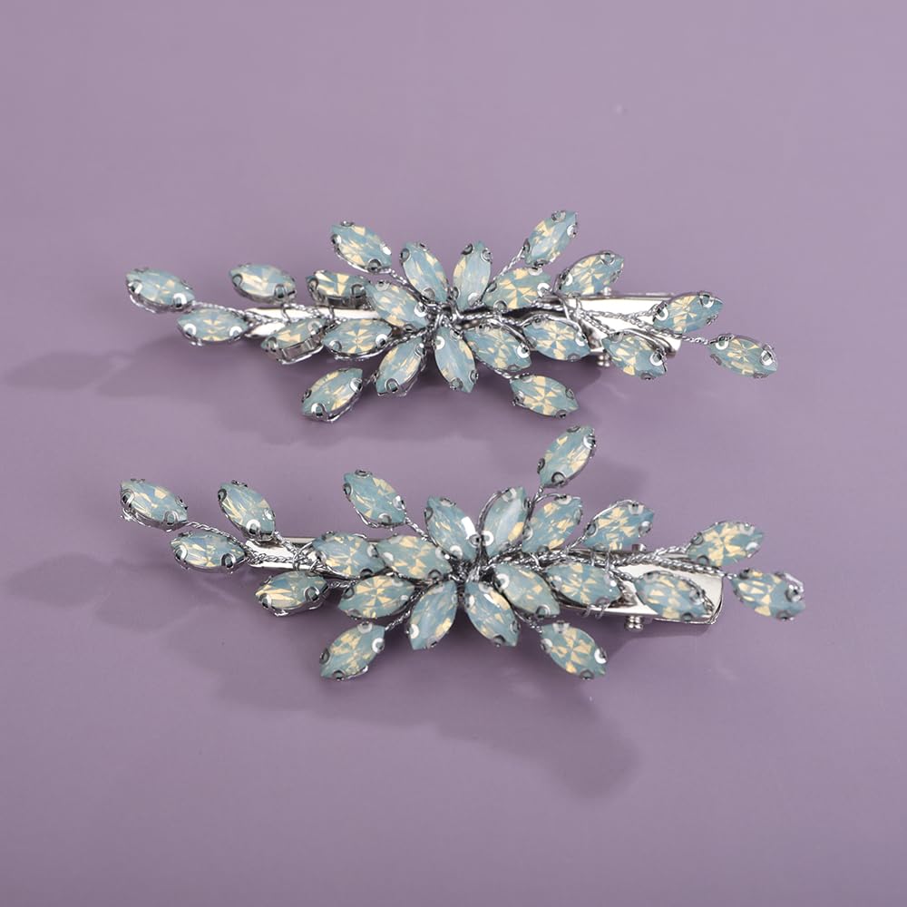 Teyglen Opal Rhinestone Bridal Hair Clips Crystal Wedding Hair Barrette for Women Decorative Hair Accessories Jewelry Sparkly Crystal Hair Piece (Blue opal)