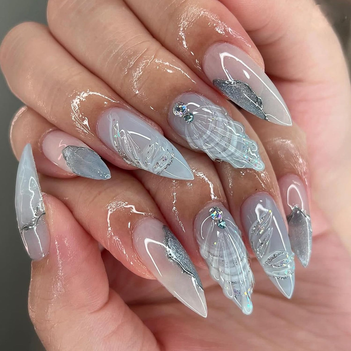 24 Pcs Almond Press on Nails Medium Fake Nails Blue Full Cover Stick on Nails with Water Droplet ＆ Shell Designs Rhinestone False Nails 3D Nail Charms French Tip Nails for Women Girls