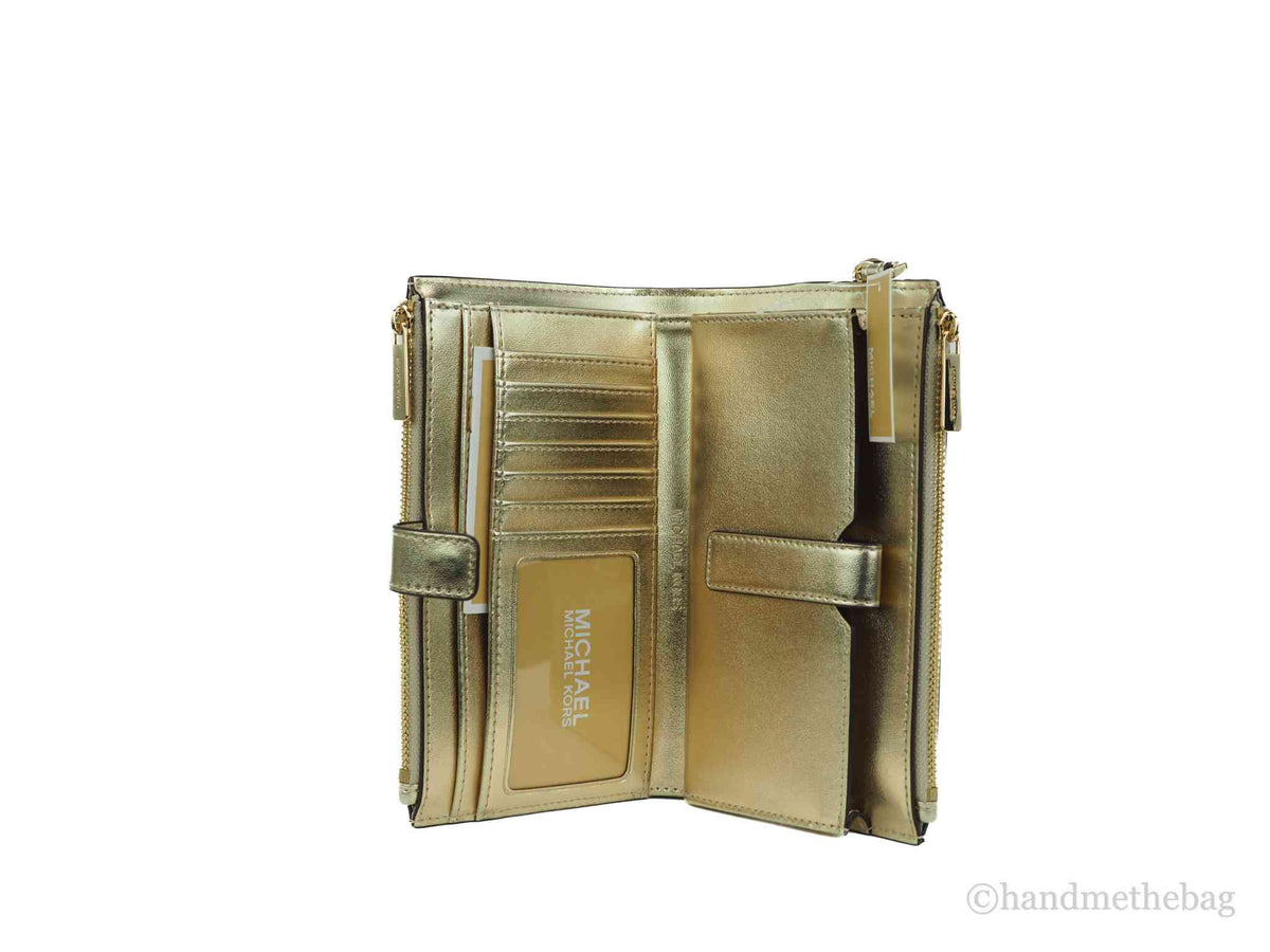 Michael Kors Jet Set Travel Pale Gold PVC Leather Large Double Zip Wrist Wallet