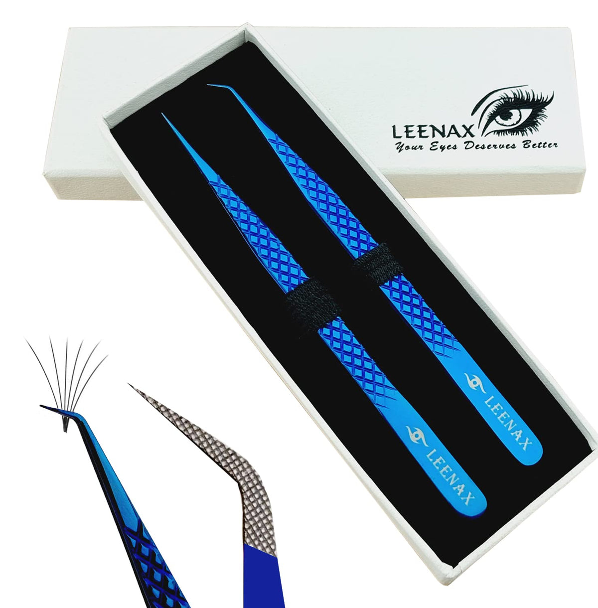 Leenax Eyelash Extension Tweezers Set of 2 pieces straight & curved with Diamond Grip Rainbow Colour14cm volume Tweezers Lash Extension Precision tweezers. (Blue) (MB)