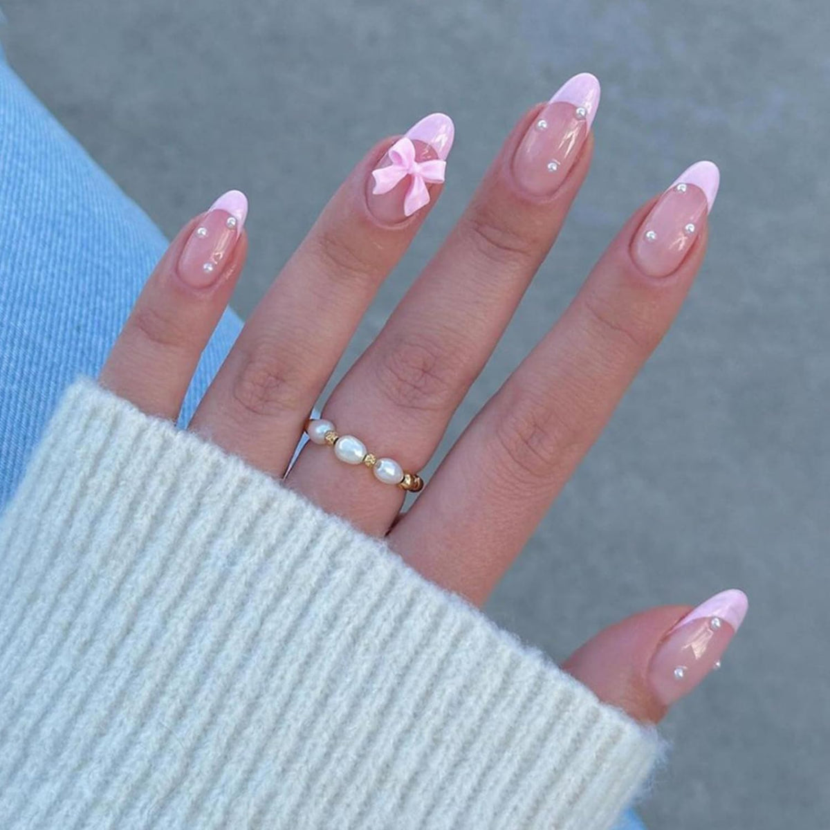 24Pcs French Press on Nails Almond Fake Nails Cute Pink False Nails with Bow Pearl Design Pink French Tip Acrylic Nails Luxury Glue on Nails Full Cover Artificial Nails for Women Manicure Accessories