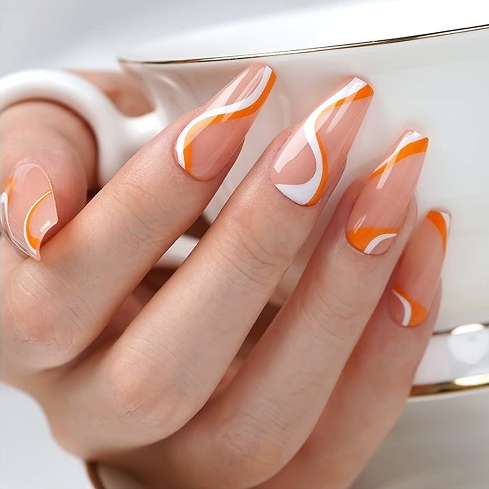 Jofay Fashion Press on Nails French Tip Medium24PCS False Nails with Design Coffin Fake Nails with Swirl Reusable Acrylic Nails Press ons Glossy Full Cover Artificial nails Glue on nails