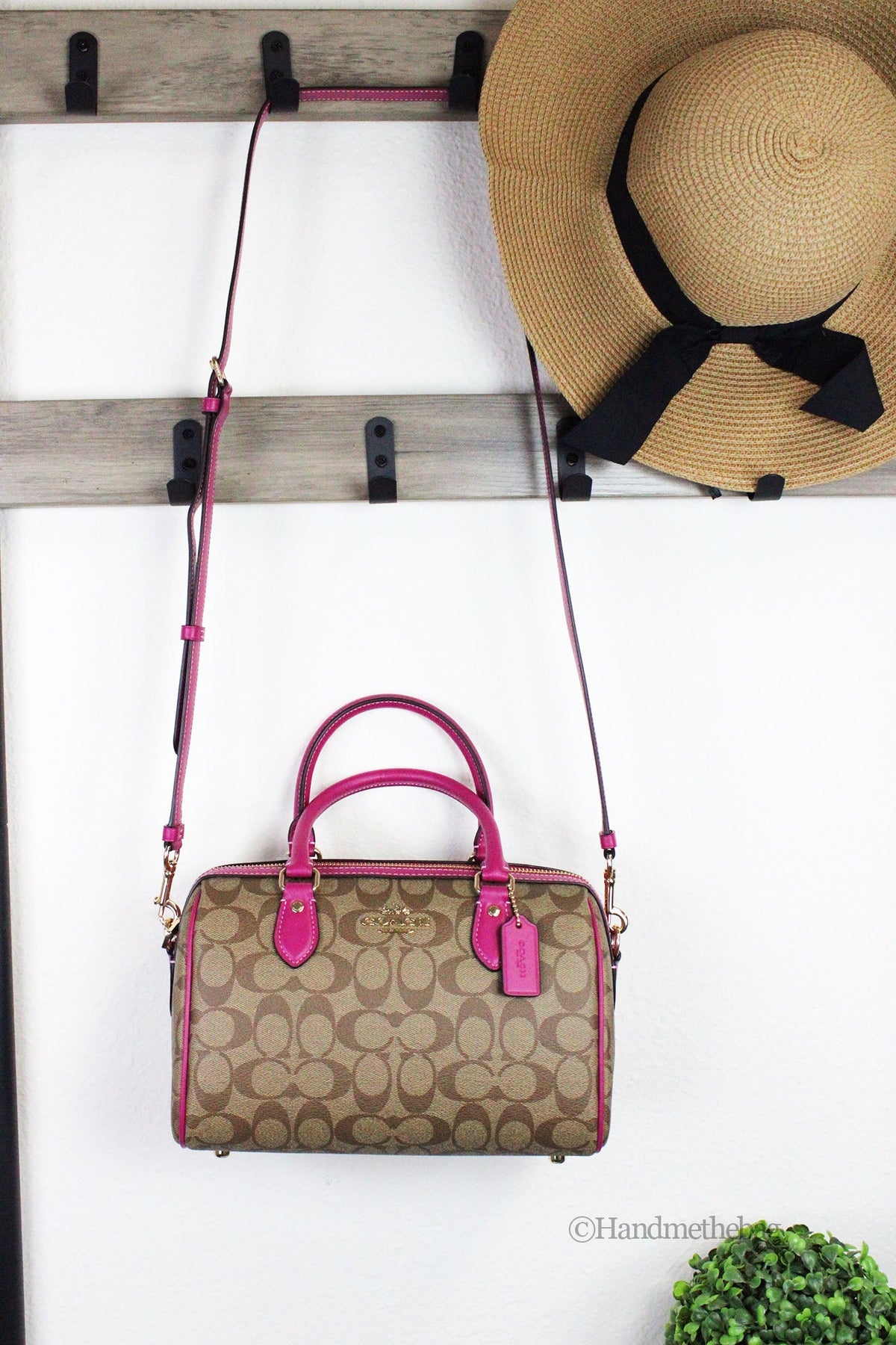 Coach Rowan Khaki Cerise Signature Canvas Medium Satchel Bag