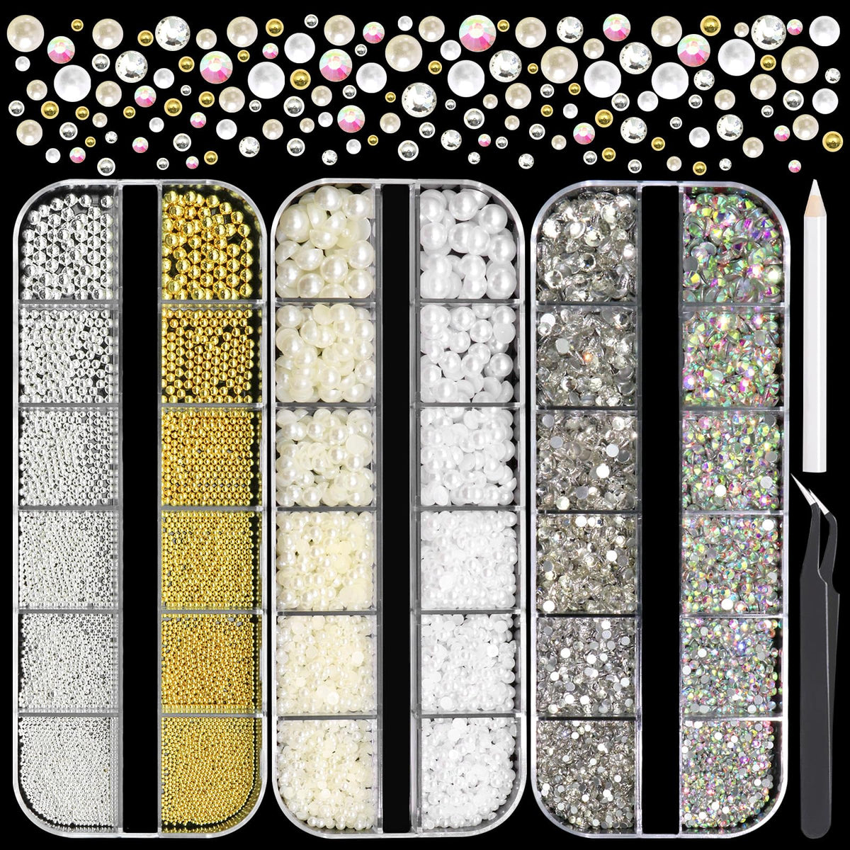 RODAKY 3 Boxes Nail Crystal Rhinestones White&Beige Nail Art Pearl Metal Nail Caviar Beads Glitter Glass Rhinestone for Acrylic Nails 3D Nail Decoration Accessories Kit for DIY Craft Embellishment