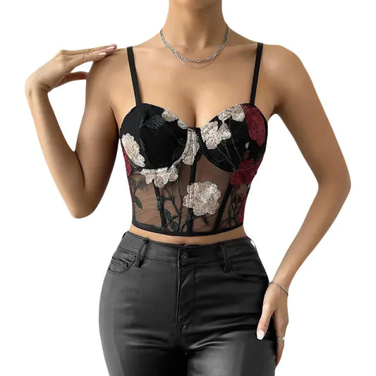 Women's Summer Backless Embroidered Mesh Corset Top