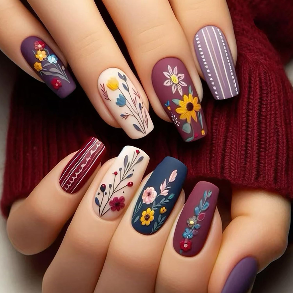 Colorful Flower Press on Nails Medium Ballet Shaped Coffin Nails Matte Stripe Stick on Nails Cute Floral Design Full Cover Acrylic Nails Reusable Glue on Nails for Women DIY Manicure Set 24Pcs