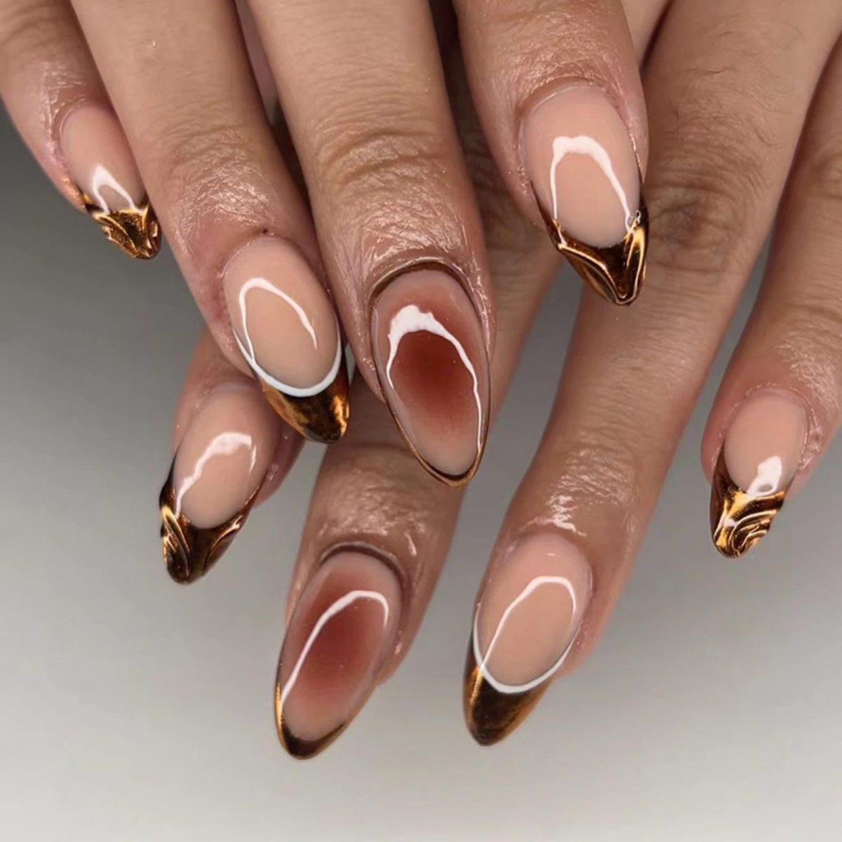 Gold French Tips Press on Nails Medium Almond Fake Nails with White Curve Design Ombre Brown Glue on Nails Glossy Reusable 3D Embossed Golden False Nails for Women Girls Manicure 24Pcs