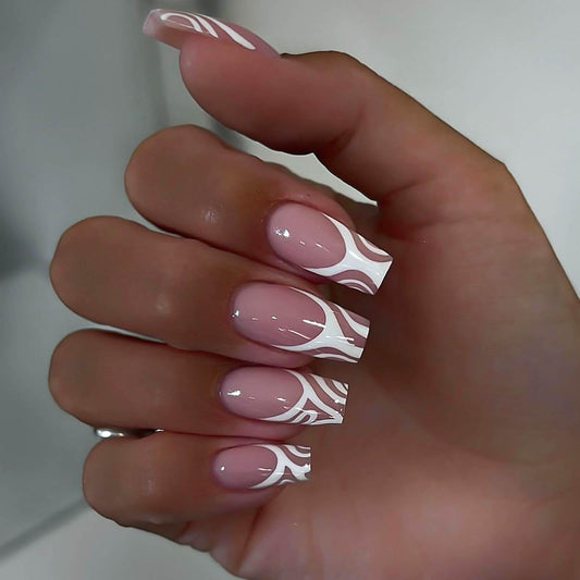 Vokupoga Medium Square Press on Nails White French Tip False Nails Pink Fake Nails with Designs Pink Full Cover Glue on Nails Glossy Artificial Nails Cute Stick on Nails for Women 24Pcs