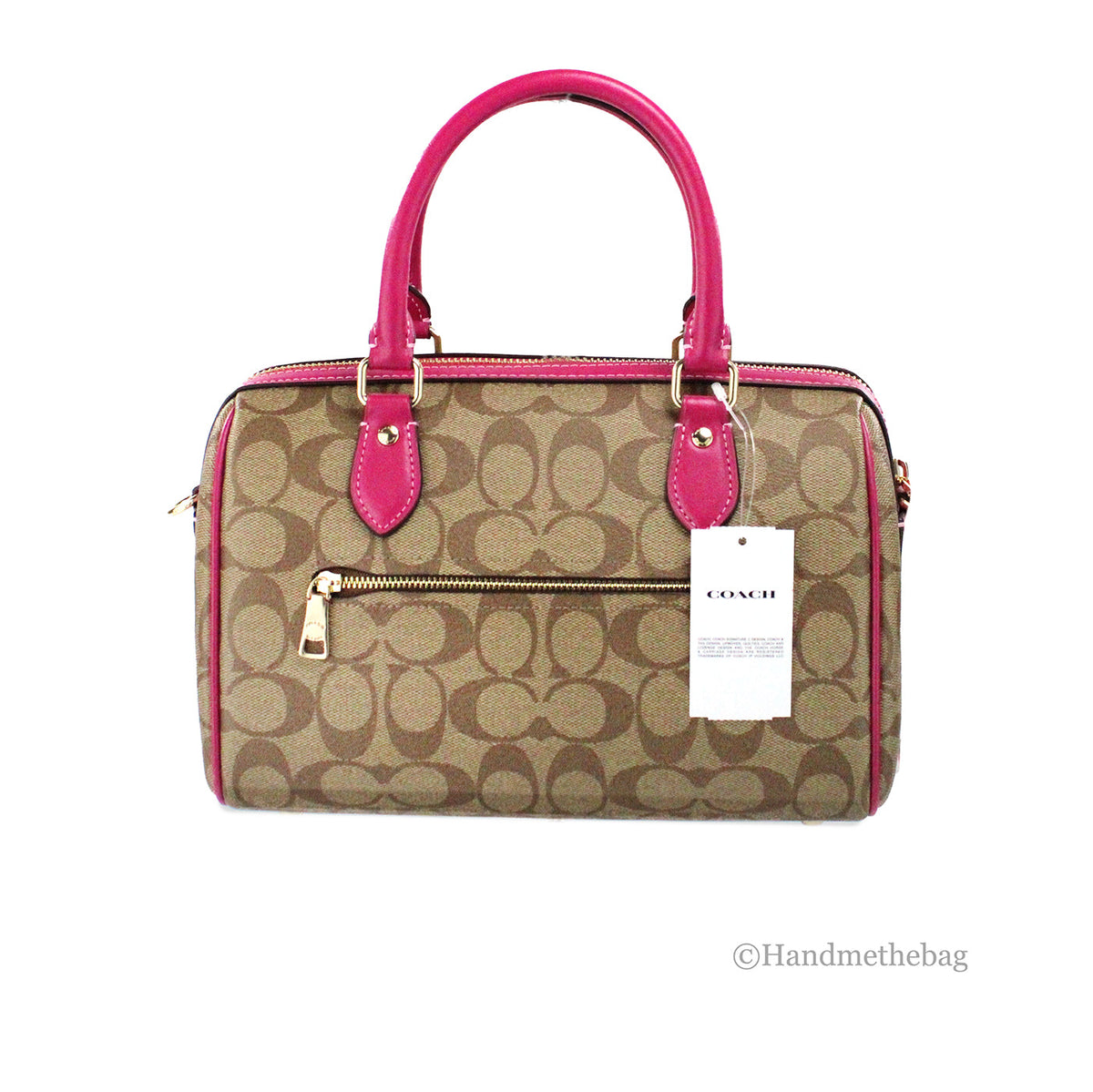 Coach Rowan Khaki Cerise Signature Canvas Medium Satchel Bag