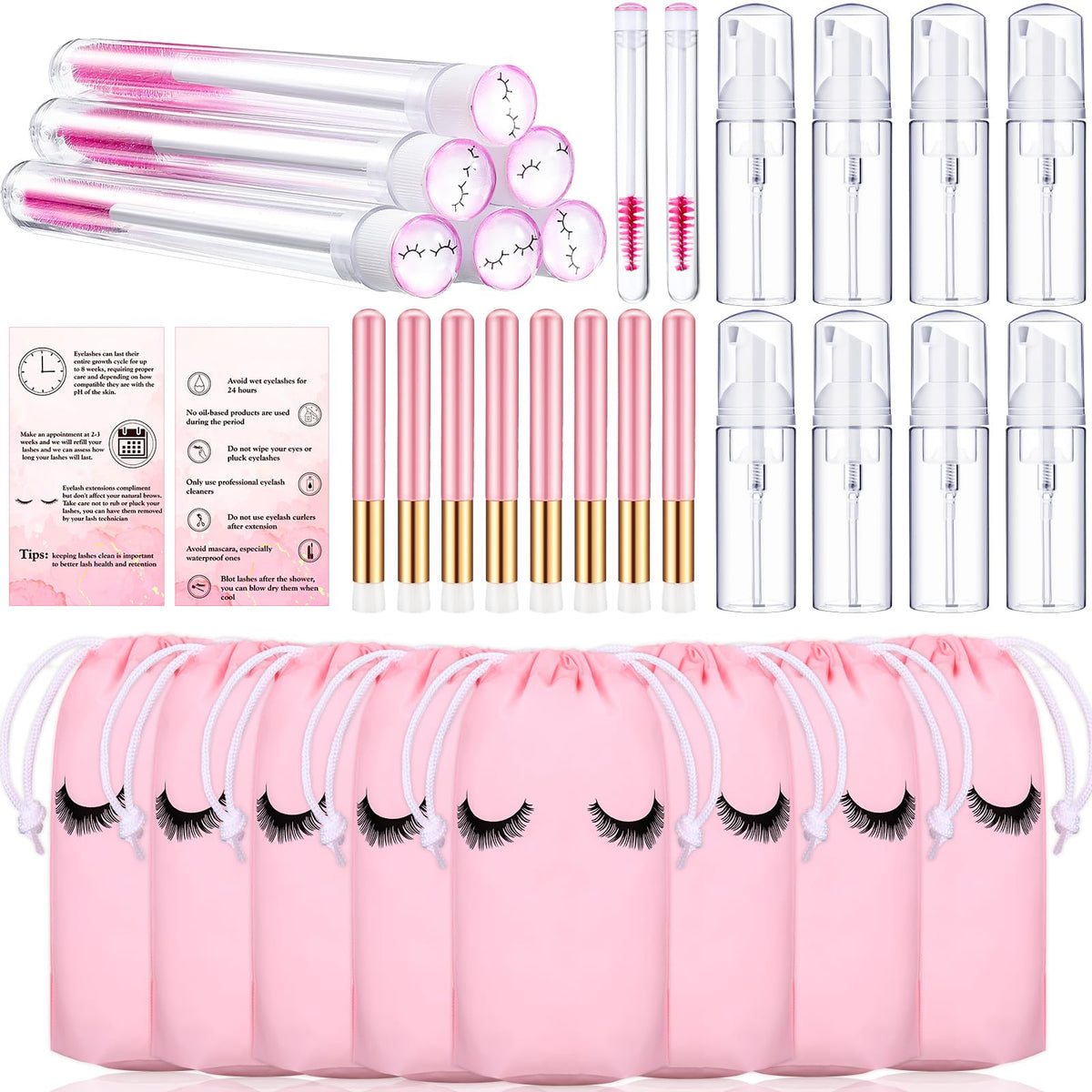 8 Pcs Lash Shampoo Brushes Set Eyelash Aftercare Bag Disposable Mascara Tubes Foam Pump Bottle Extension Aftercare Instructions Cards Eyelash Accessories for Women Mothers Gift(Drawstring Bag EVA)