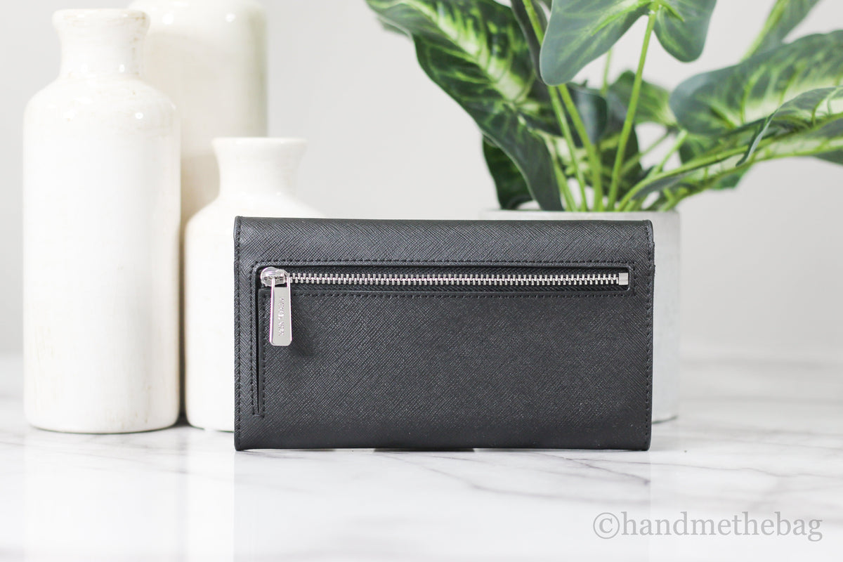 Michael Kors Jet Set Leather Solid Black Silver Large Trifold Wallet Clutch