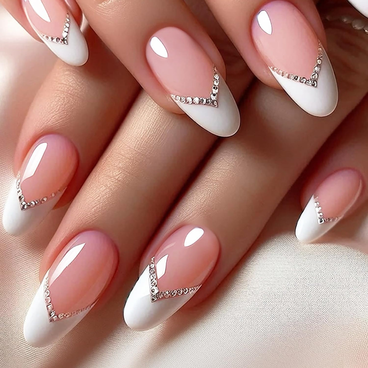 LOPMNGHT White French Tip Press on Nails Almond Shaped Glitte Rhinestones Acrylic Nails Nude Pink French Stick on Nails Medium Nails Press Ons Reusable Glue on Nails for Women Manicure Kit 24Pcs