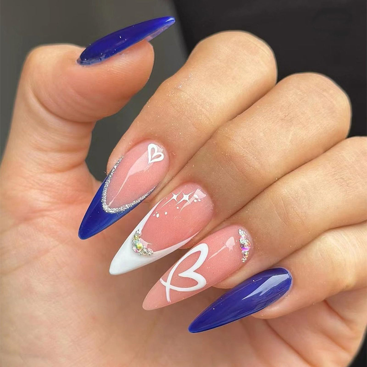 Valentines Press on Nails Medium Almond Fake Nails Blue French Tips with Heart Design Rhinestone Glue on Nails Acrylic Artificial Nails Full Cover Stick on Nails for Women & Girls 24 Pcs