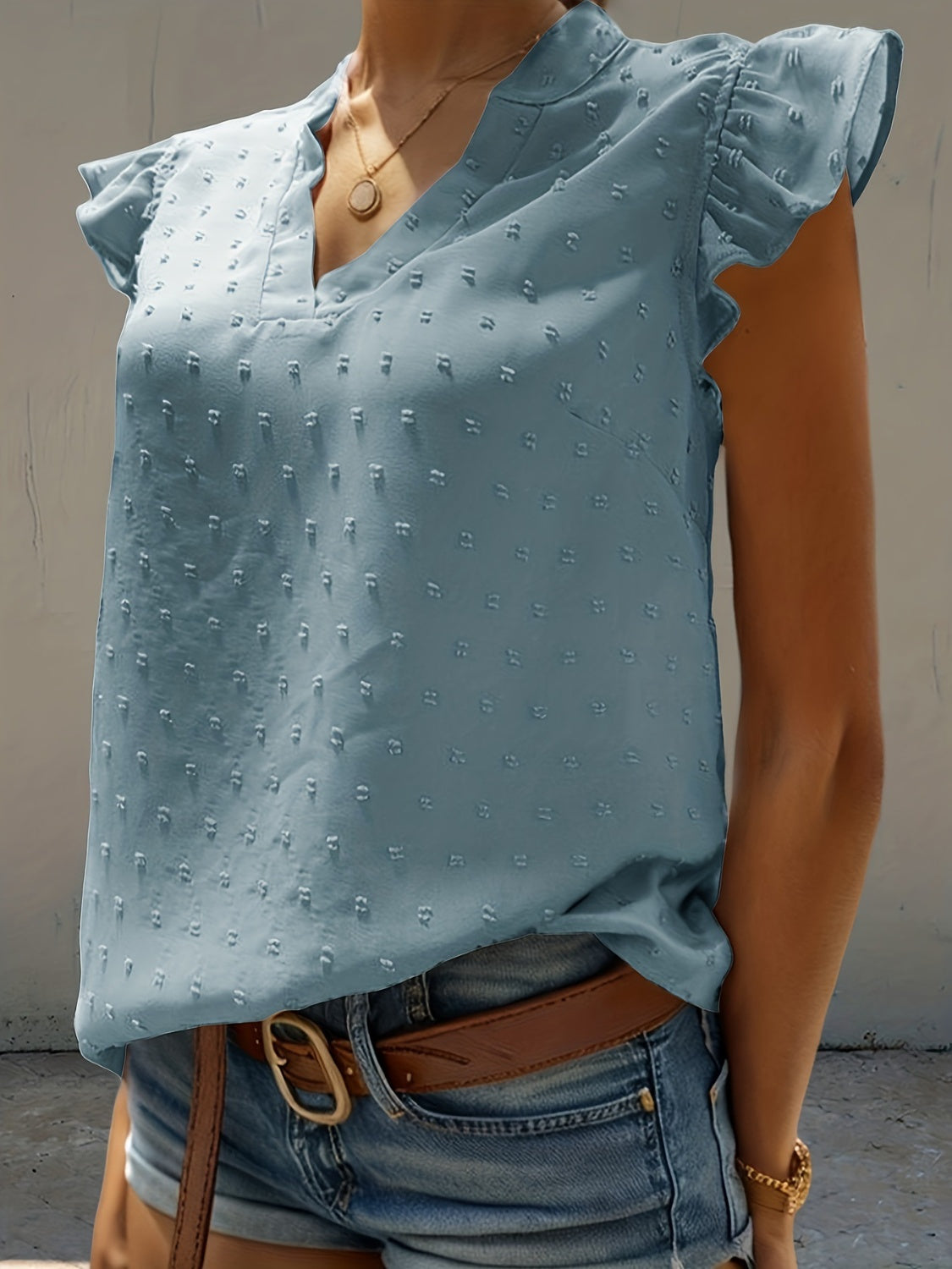 Swiss Dot Ruffled Notched Cap Sleeve Blouse
