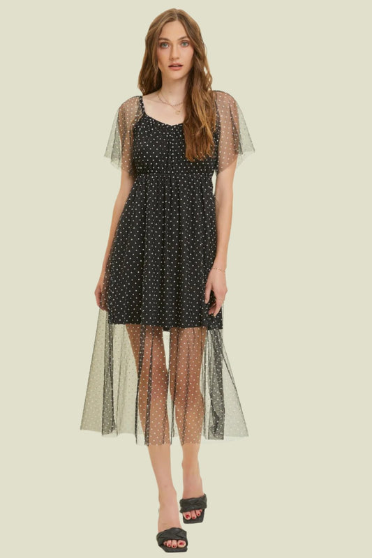 HEYSON Heart Mesh Flare Sleeve Midi Dress