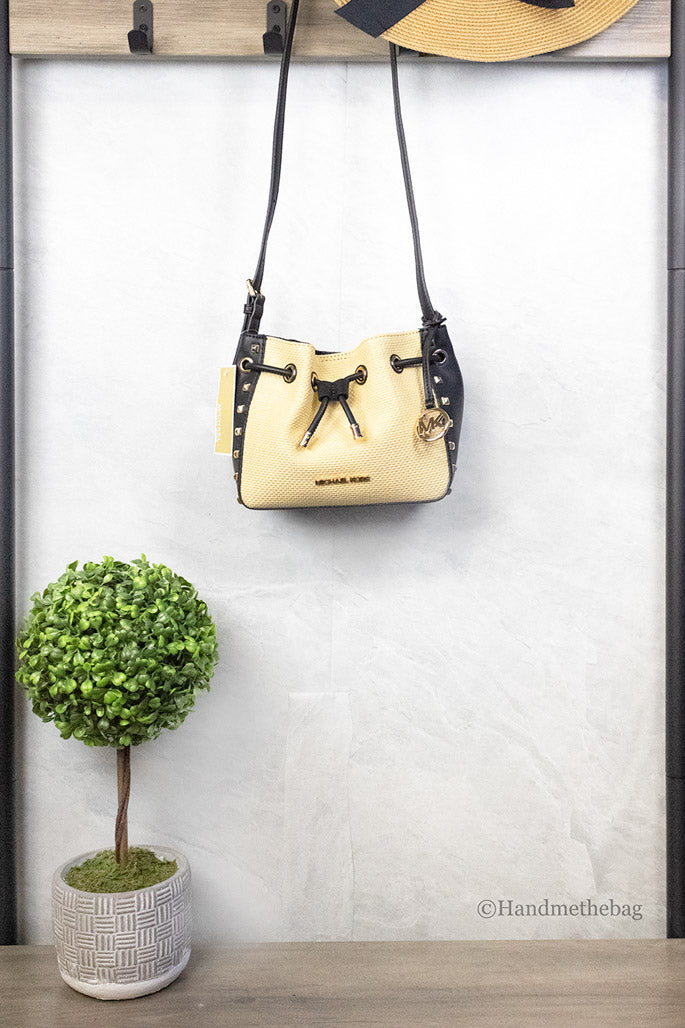 Michael Kors Phoebe Small Straw Studded Faux Leather Bucket Bag