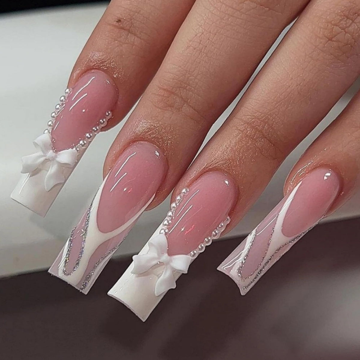 MERVF Long Press on Nails Square Fake Nails Press ons White French Tip Glue on Nails with 3D Bow Pearls Design Glitter Striped Squoval Acrylic False Nails Glossy 24Pcs