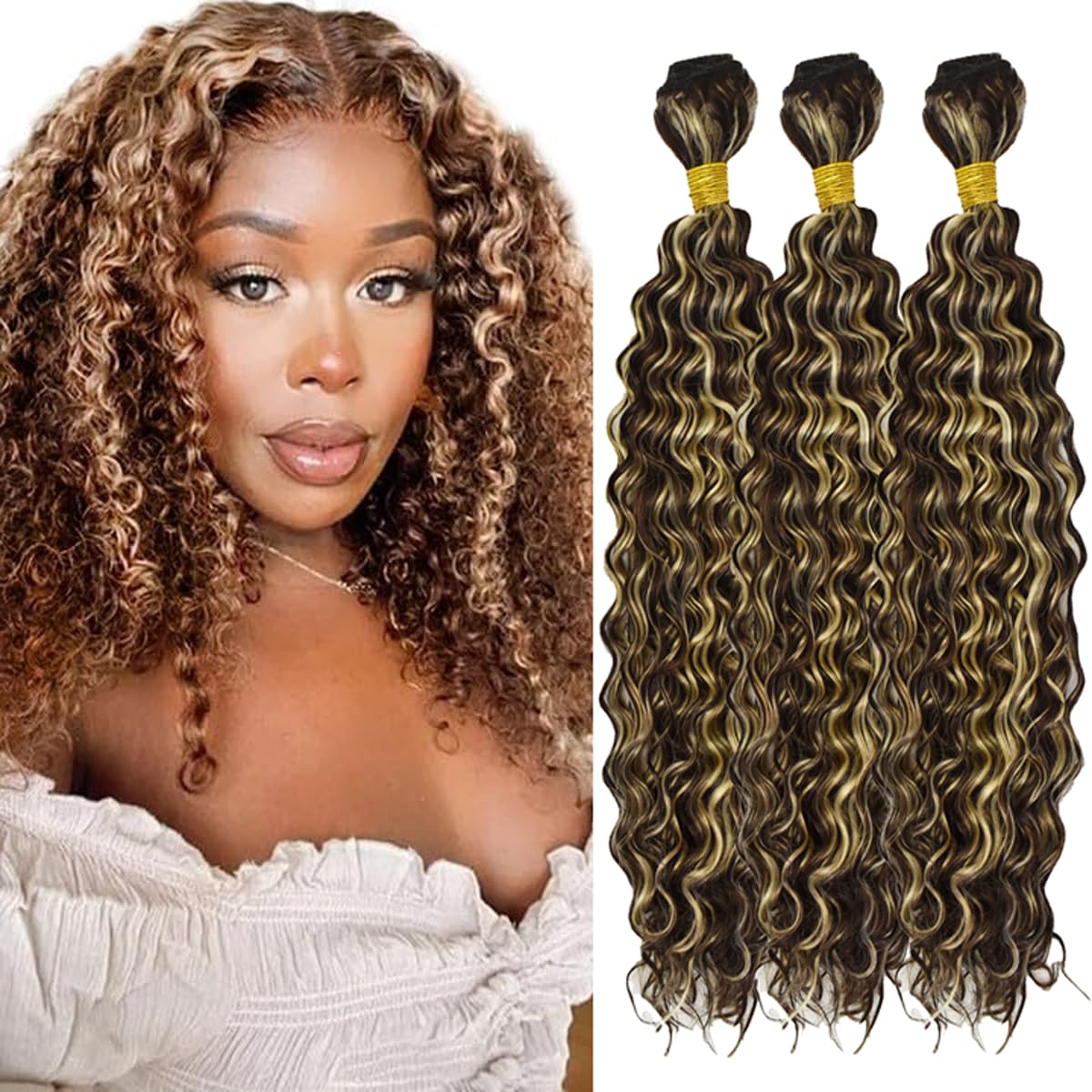 Brazilian Hair Bundles Highlight Hair Bundle P4/613 Deep Wave Brazilian Remy Hair Bundle Hair Weave Double Weft Brown Human Hair Bundle Extensions Hair 3 Bundles 14 16 18 Inch