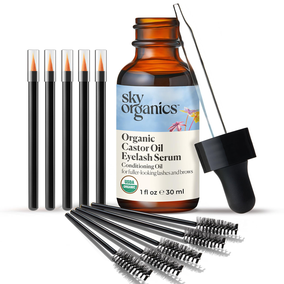 Sky Organics Organic Castor Oil Eyelash & Brow Serum Hexane-Free Conditioning Oil that Promotes Fuller Looking Lashes & Eye Brows 100% Pure & Cold-Pressed USDA Certified Organic 1 fl. Oz. / 30 ml