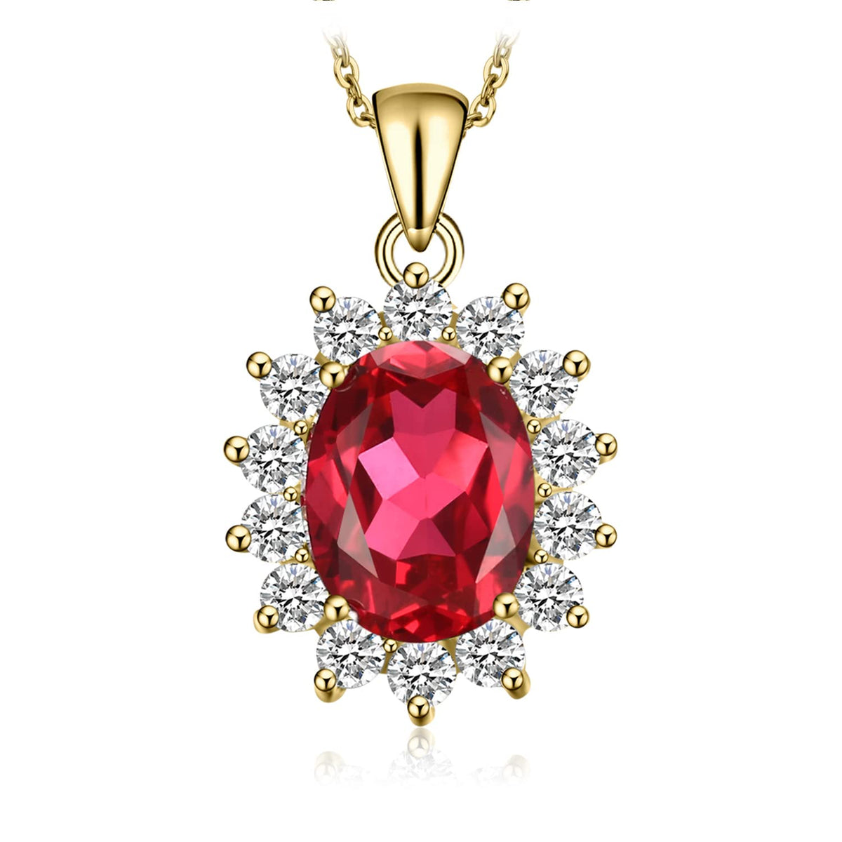 JewelryPalace Princess Diana Kate Middleton Gemstone Birthstone Oval 3.2ct Created Red Ruby Pendant Necklace for Women 14k Yellow Gold Plated 925 Sterling Silver Necklaces for Her 18 Inches chain
