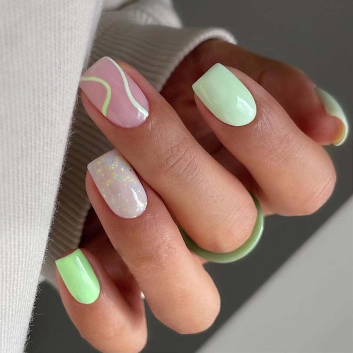 Green Press on Nails Medium Square Fake Nails Pink False Nails with Swirl Glitter Design Full Cover Glue on Nails Glossy Acrylic Nails Reusable Artificial Stick on Nails for Women Girls Manicure 24Pcs
