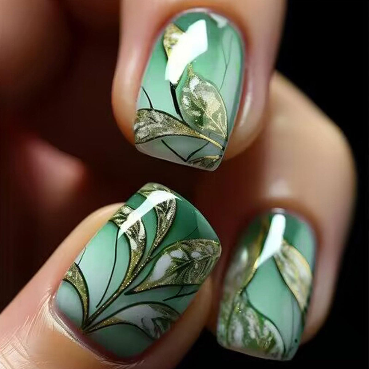 Square Press on Nails Short Green Gradient False Nails with Leaf Glitter Designs Glue on Nails Glossy Fake Nails Cute Acrylic Full Cover Nails Press ons Artificial Stick on Nails for Women 24Pcs