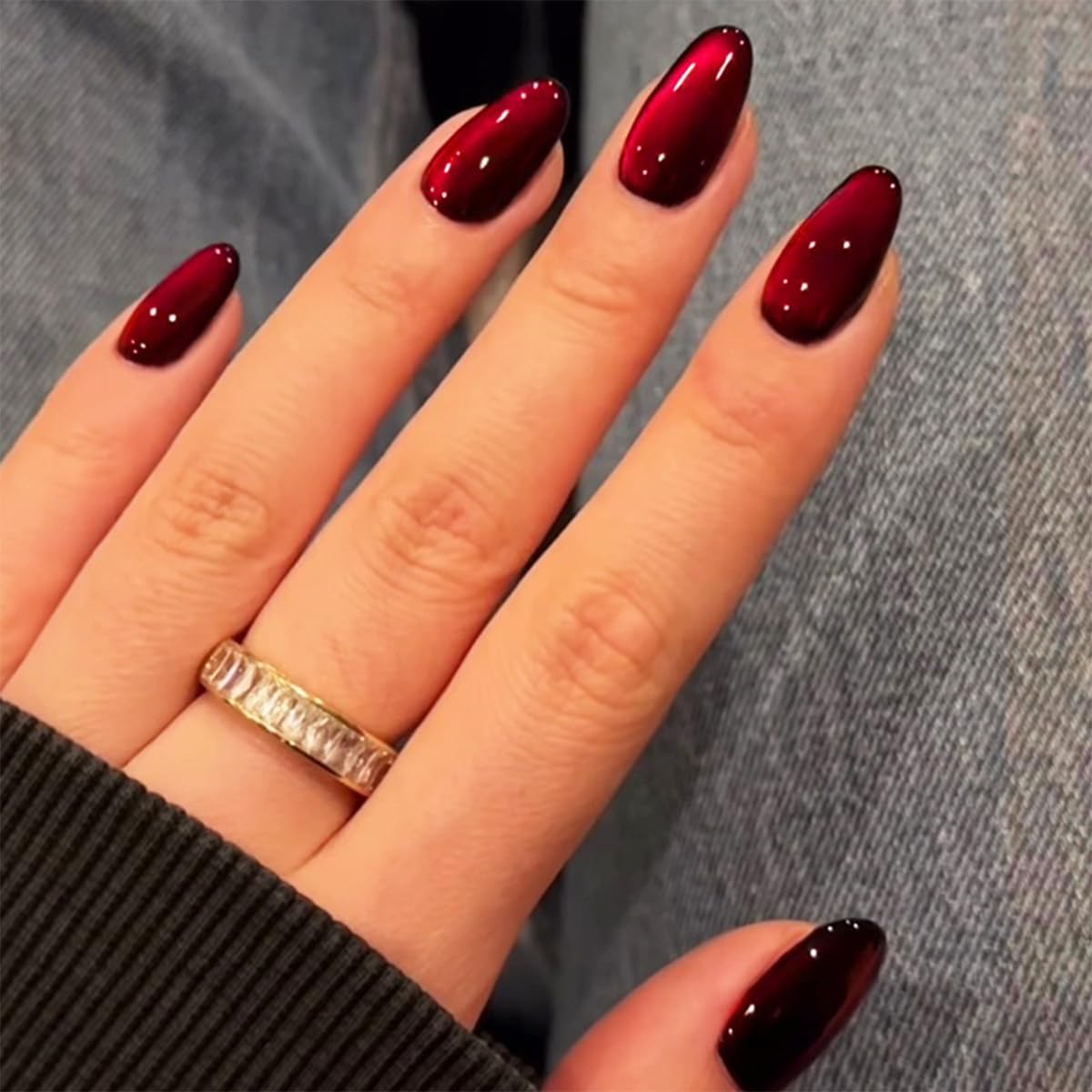 Red Press on Nails Glossy Glitter Fake Nails Almond Shaped Acrylic Nails Medium False Nails with Solid Color Designs Christmas Valentines Day Nails Press on Stick on Nails for Women 24Pcs
