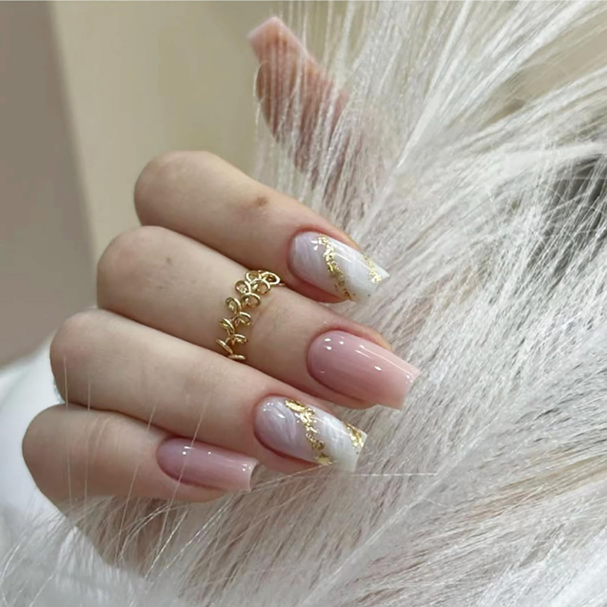 Press on Nails Medium Ballet Shaped Artificial Acrylic Nails Pink French Tip False Nails Gold Sequins Stripe Design Square Fake Nails Full Cover Glossy Reusable Coffin Nails Glue on Nails for Women