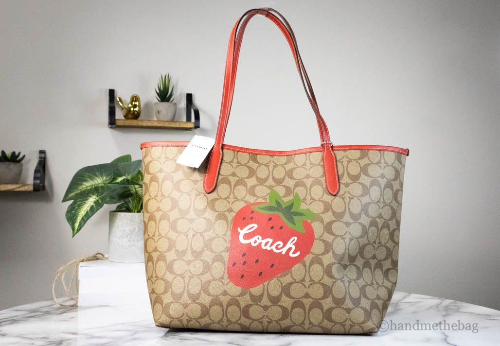 Coach Khaki Red Wild Strawberry Coated Canvas City Tote