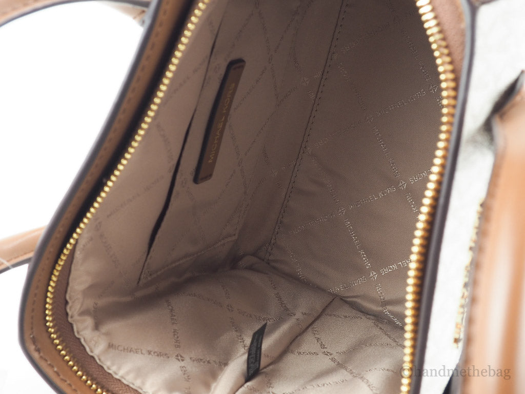Michael Kors Avril Vanilla Signature PVC Leather Small Zip Satchel Handbag Purse