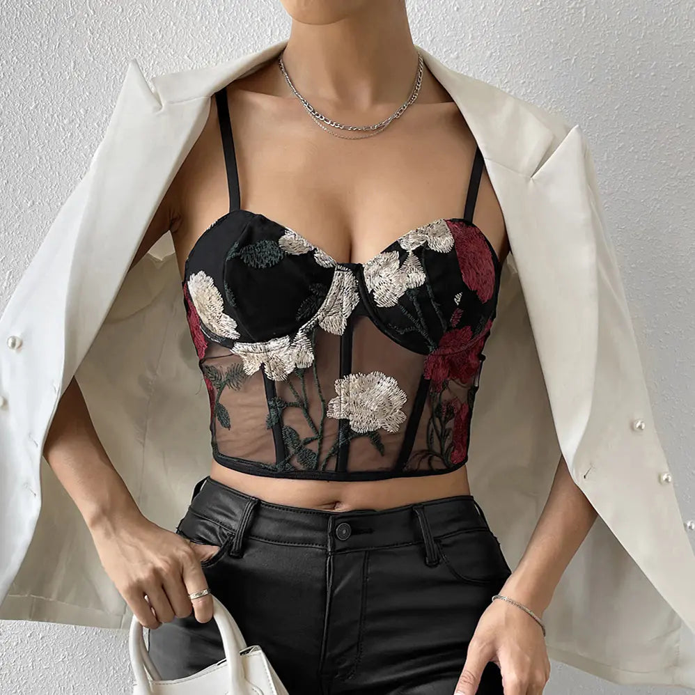 Women's Summer Backless Embroidered Mesh Corset Top