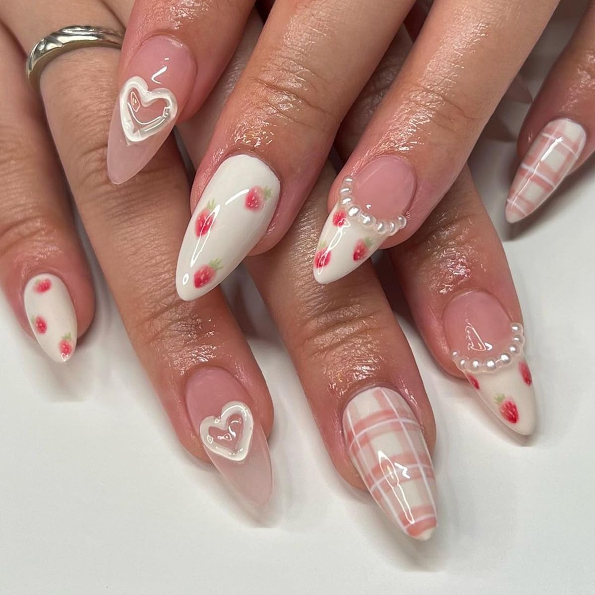 AkiliBIELY Almond Press on Nails French Tip Medium Long White Pink Red Pearl Heart Fake Nails Women Strawberries Glue on Nails Acrylic Stick on Nails Cute Fantasy False Nails Wedding Birthday