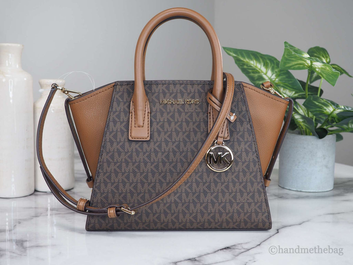 Michael Kors Avril Brown Signature PVC Leather Small Top Zip Satchel Convertible Handbag