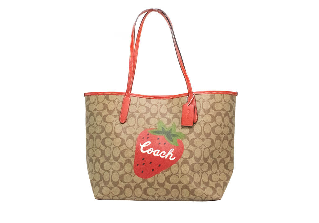Coach Khaki Red Wild Strawberry Coated Canvas City Tote