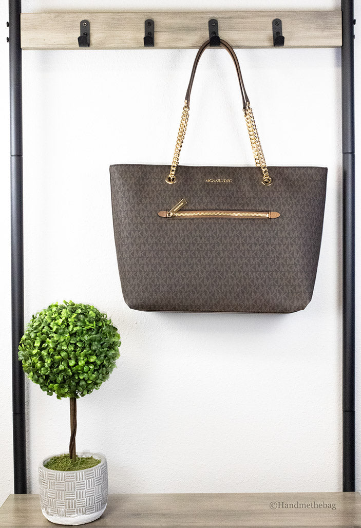 Michael Kors Jet Set Medium Brown Zip Chain Tote