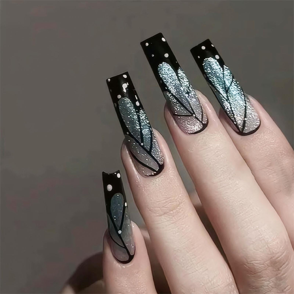 RTKHFZE Black French Tip Press On Nails Square - Press on Nails Long Cats Eye Fake Nails with Glitter Butterfly Wings Designs Press On False Nails Full Cover Artificial Acrylic Nails for Women
