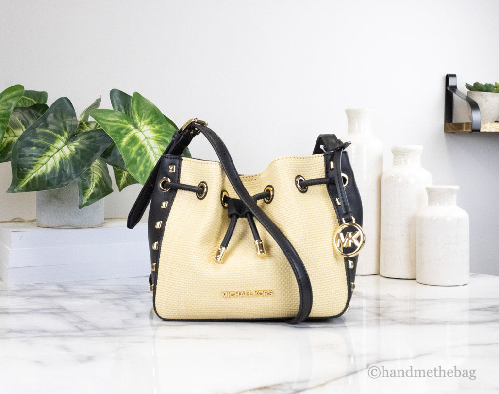 Michael Kors Phoebe Small Straw Studded Faux Leather Bucket Bag