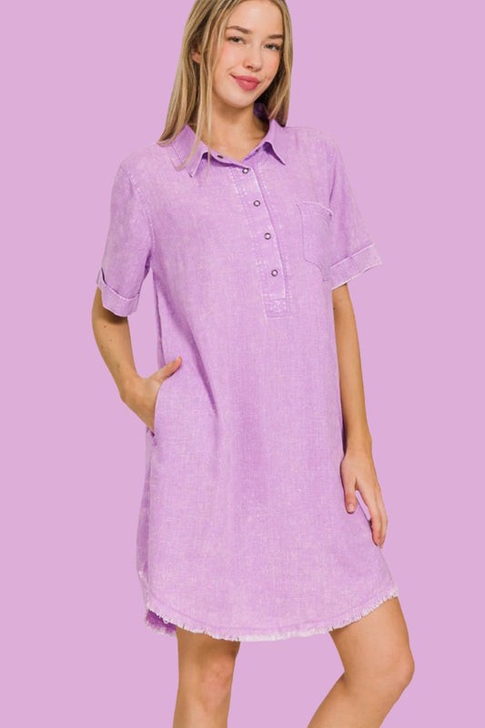 Zenana Washed Linen Raw Hem Dress with Pockets