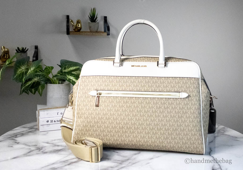 Michael Kors Travel Large Light Cream Signature PVC Top Zip Weekender Duffle Bag