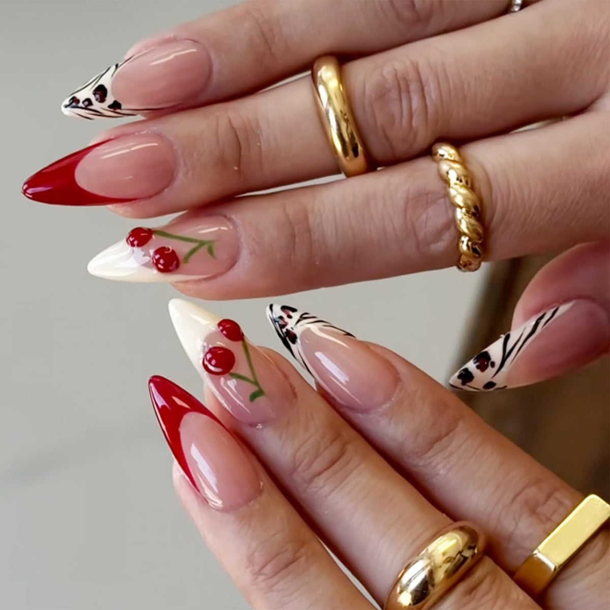 IMRAIN Press on Nails Medium Almond Fake Nails Wine Red French Tip Full Cover 3D Red Cherry False Nails Glossy Glue on Nails Manicure Artificial Nails for Women Girls 24Pcs Stick on Nails