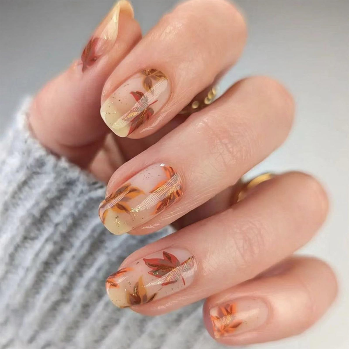 SINHOT Press on Nails Medium Square Fake Nails Glossy Glue on Nails Fall Brown Acrylic Nails Squoval Artificial Nails Autumn Maple Leaf Stick on False Nails with Design 24 pcs