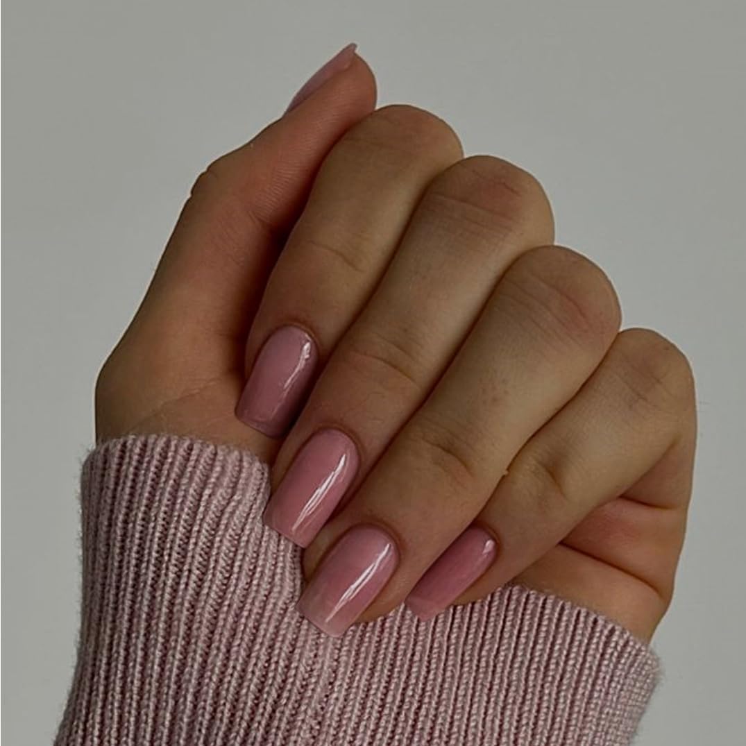 Rose Pink Press on Nails Medium Square SXVME Natural Acrylic Glue on Nails Medium Length Coffin Nails Press ons Medium Short Gel Nails Thick Reusable Fake Nails Solid Color 24 False Nails