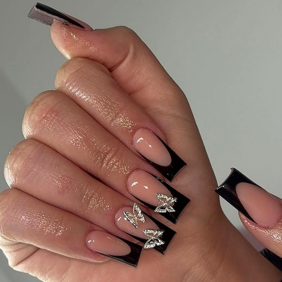 24pcs Black French Press on Nails Long Almond Fake Nails Bling Glossy Medium-Length NailsFrench Simple Manicure 3D Butterfly False Nail Tips Artificial Nails for Women Girls Finger Manicure