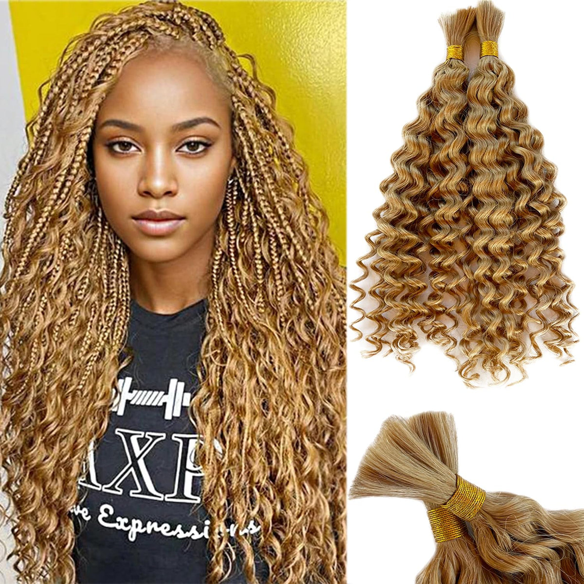 Human Braiding Hair for Boho Braids Deep Water Wave Human Hair Boho Braiding Hair 2 Bundles/Pack 100g 16 Inch Honey Blonde Human Braiding Hair Wet and Wavy Twist Braiding Hair Colored Boho Human Hair