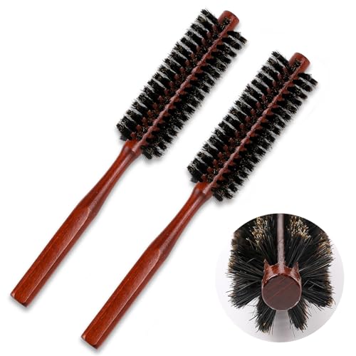 Boar Bristle Hair Brush 2 Pack Small Round Hair Brush Portable Travel Styling Brush Roller Brush Soft Bristle Hair Brush for Blow Drying Women Thin Hair Short Hair Fine Hair Beard Brush for Men