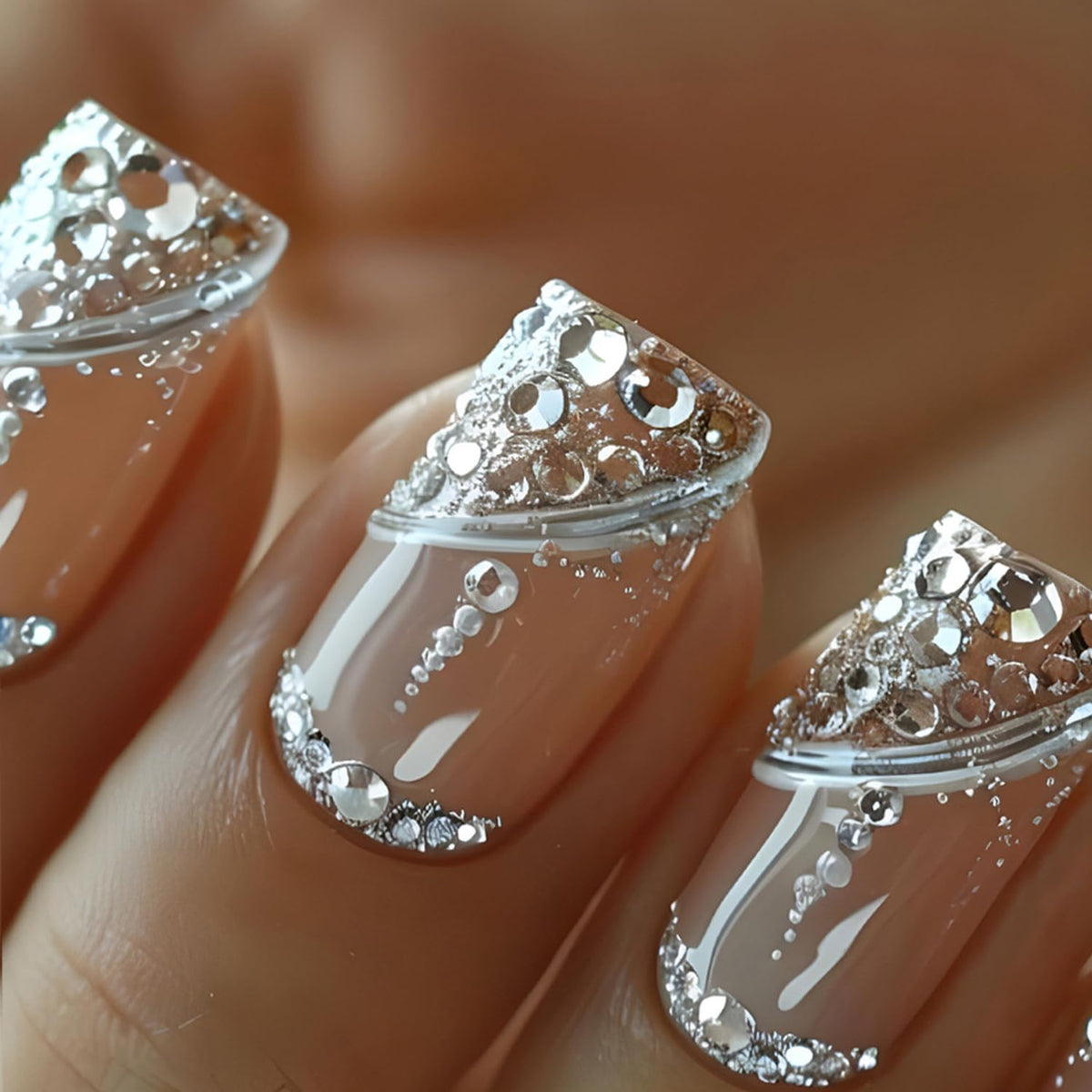 French Tips Press on Nails with Rhinestones DesignFake Nails Sparkly False Nails Glue on Nails Manicure Glitter French Stick on Nails Full Cover Acrylic Nails Short Square Press on for Women 24Pcs