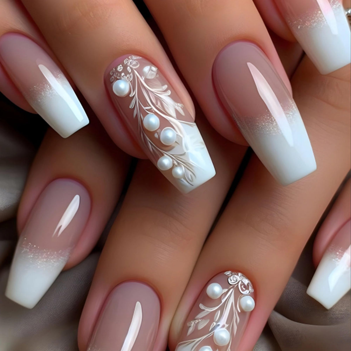 MERVF Coffin Press on Nails Long Fake Nails White Ombre French Tip Glue on Nails Press ons Pearls Acrylic Nails Ballerina False Nails with Leaf Design Glossy 24pcs